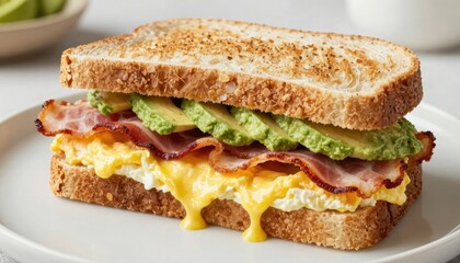 Delicious breakfast sandwich with egg bacon and avocado on whole grain bread kitchen setting food photography natural light