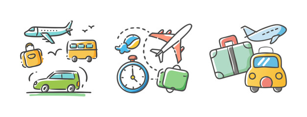 Cute travel icons showing different modes of transport and luggage.
