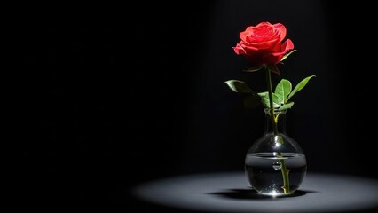Obraz premium A single red rose in a glass vase on a dark background with a spotlight shining on it