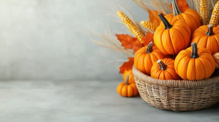 A decorative basket filled with pumpkins and autumn leaves.