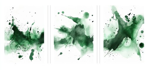A triptych of abstract digital art featuring bright green ink splatters, creating a lively, vibrant, and energetic visual effect