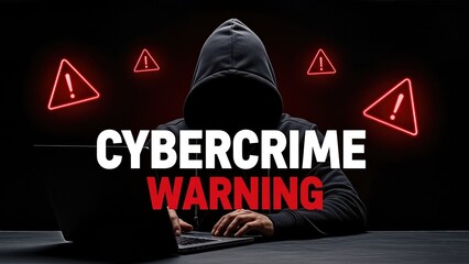 Mysterious figure in a dark hoodie working on a laptop, surrounded by red warning symbols, highlighting the serious issue of cybercrime and the threat of telephone scammers
