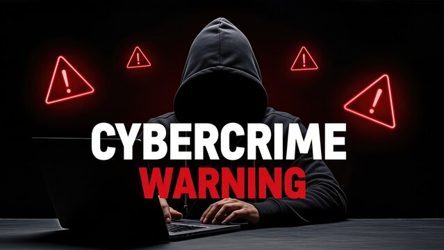 Mysterious figure in a dark hoodie working on a laptop, surrounded by red warning symbols, highlighting the serious issue of cybercrime and the threat of telephone scammers