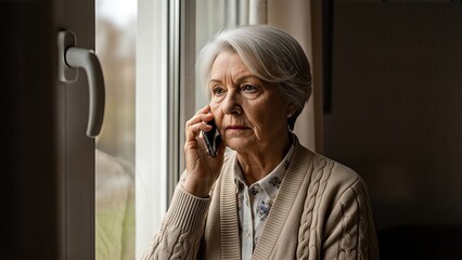 Elderly woman speaking on smartphone, expressing concern while standing by window, highlighting vulnerability to telephone scams and cybercrime threats in modern society