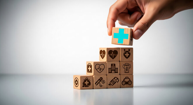 Hand places wood cube with a blue cross on top of other cubes with medical symbols, representing health, medicine, building a healthy lifestyle