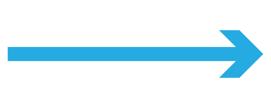 Blue arrow pointing right.  Vector illustration on white background . Long arrow vector icon. Straight long arrow icon, right thin line, blue cursor element use for graphic design .