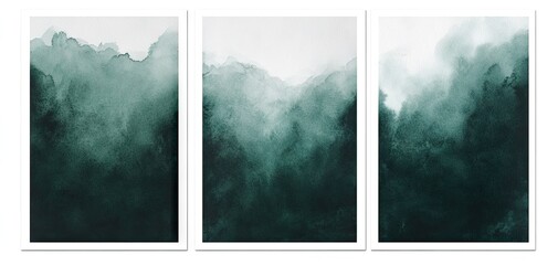 A triptych of abstract digital art featuring gradient green mist or fog, creating a serene, mysterious, and atmospheric visual effect


