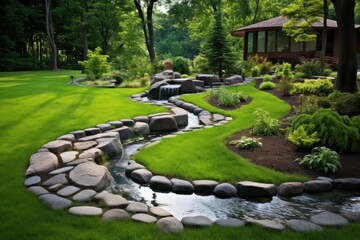 Green lawn and manicured landscaping featuring a rock lined stream flowing past a contemporary home