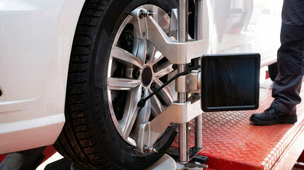 Close-up of car wheel on alignment machine with technician's legs visible tire alloy