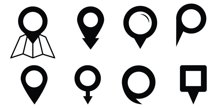 Black Location, map, and pin icon collection. GPS, place, markers, pinpong, position, and navigation icons set. GPS location symbol collection. Modern map markers. 