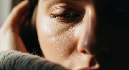 Close-Up of a Softly Lit Female Face with Subtle Expressions