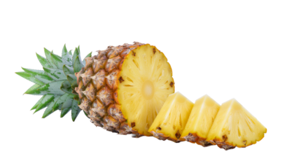 Sliced pineapple tropical fruit with green leaves healthy eating concept. Studio shot on white and transparent