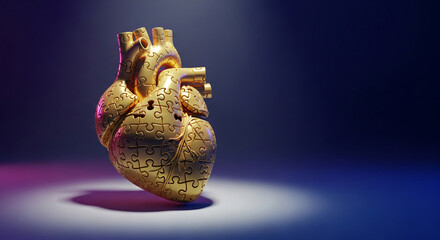 Golden heart made of puzzle pieces, illuminated on a blue gradient. Represents wholeness, connection, and solution, ideal for medical concepts