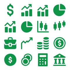 Finance and business icons set money, charts, graphs, calculator, bank, and portfolio symbols