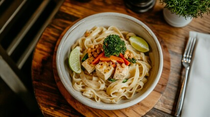 A delicious bowl of fettuccine with tofu, lime, and vegetables.