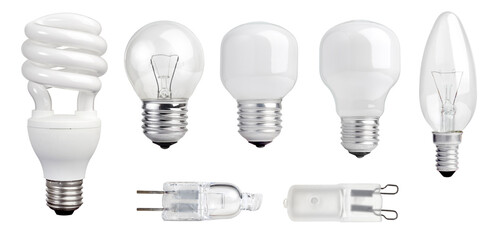Collection of incandescent, halogen, and energy-saving light bulbs isolated on a white background,...