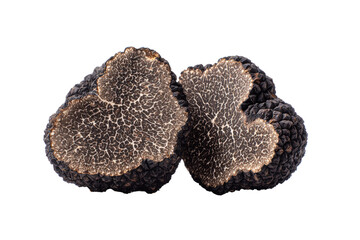 Two halves of a black truffle, close-up.  Deeply textured, dark brown-black exterior.  Creamy-beige interior with intricate veining.  High-quality image against a black background