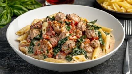 A delicious bowl of pasta with meatballs, spinach, and creamy sauce.