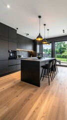 Modern Kitchen Interior with Black Cabinets and Island.