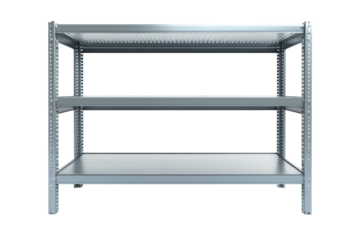 Metal shelving unit organization system garage storage rack warehouse shelf steel industrial on transparent background