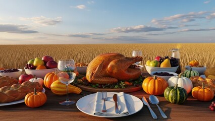 Thanksgiving feast on a wooden table in a field