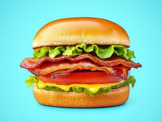 A delicious burger with bacon, lettuce, tomato, and cheese on a blue background.