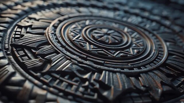 Intricate Aztec-inspired circular wood carving with detailed tribal patterns
