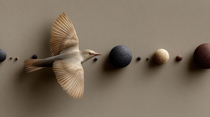 Minimal abstract bird flying left of center, trailing dots, solid background