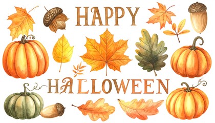 Happy Halloween watercolor illustration with pumpkins, leaves, and acorns.