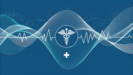 Abstract medical technology background with caduceus and heartbeat waveform