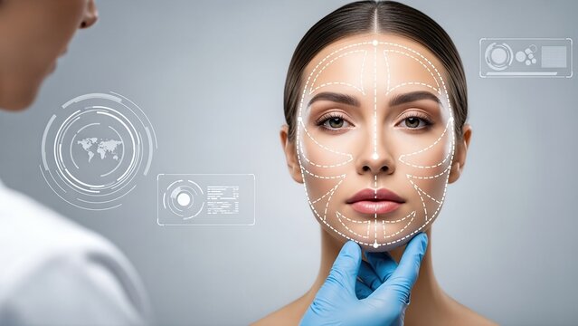 Female model with facial care treatment, showcasing advanced skin analysis technology, highlighting beauty and wellness concepts, with digital interface elements and copy space for design