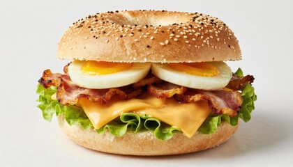 Delicious breakfast sandwich with egg bacon and avocado on a sesame bagel tasty food experience bright kitchen environment close-up view for food lovers