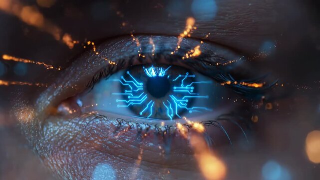 Close up of a human eye with a blue circuit board pattern in the iris and glowing orange light particles.