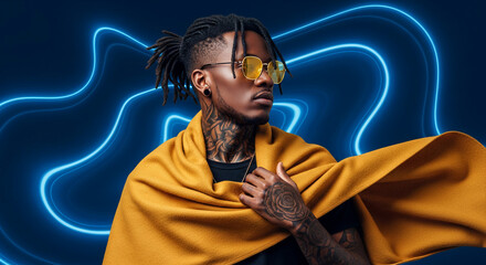 Portrait of a dark-skinned man with dreadlocks and tattoos wearing yellow glasses and draped in mustard fabric against abstract blue light lines