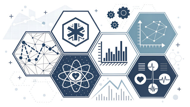 Abstract Healthcare Analytics and Data Science Hexagon Icons with Medical and Network Concepts - Powered by Adobe