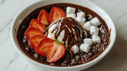 A delicious dessert featuring chocolate, strawberries, marshmallows, and ice cream.
