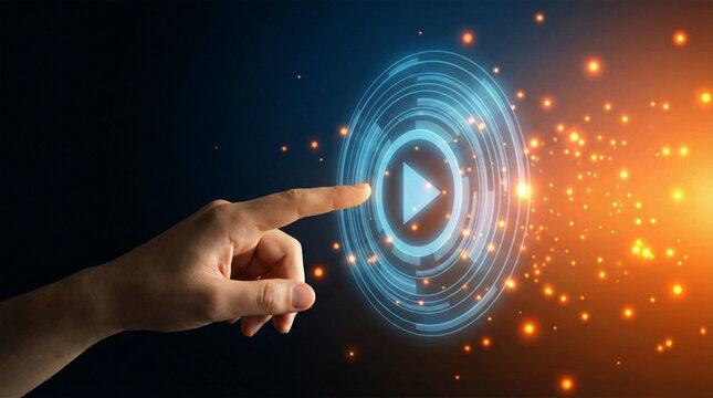 Futuristic technology interface with hand touching play button and glowing orange particles on dark with digital - Powered by Adobe