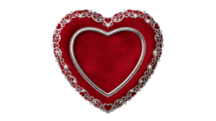 A luxurious red heart shape adorned with intricate silver lace and sparkling gems.