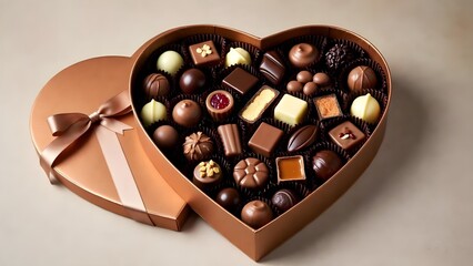 An open heart-shaped box displays a decadent collection of assorted chocolates.