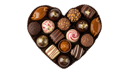A heart shaped assortment of gourmet chocolates with various textures and fillings is presented.