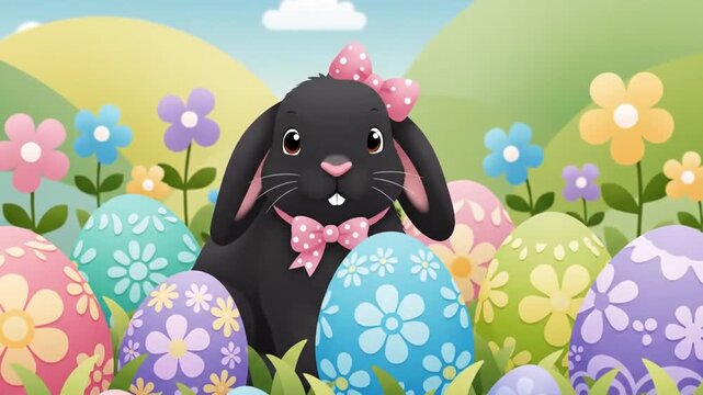 Delightful Easter Animation Featuring Adorable Bunny With Decorated Eggs And Spring Flowers