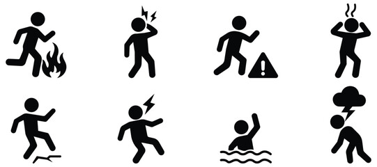 Accident stickman set, Emergency situation icons, Danger human silhouettes