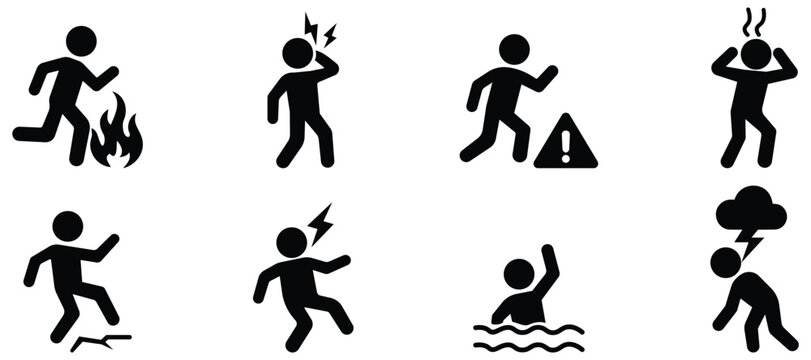 Accident stickman set, Emergency situation icons, Danger human silhouettes