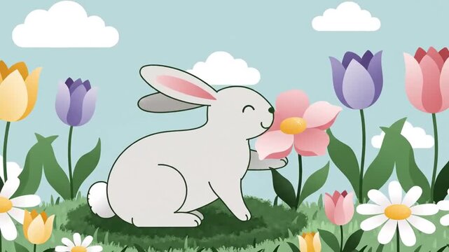 Delightful Easter Bunny Scene Among Spring Blossoms And Fluffy Clouds Illustration Video