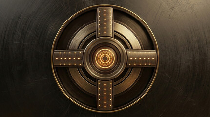 Secure vault door with circular locking mechanism and gold accents on dark background for banking concept with safe