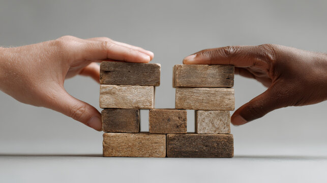 Hands building strategy foundation block anchor trust unity collaboration concept, human teamwork bridge support overcoming gap together