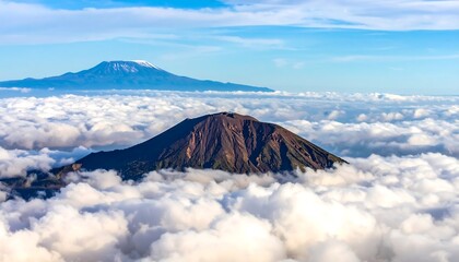 Majestic mountains piercing through a sea of clouds.
