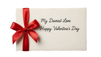 Valentine's day greeting card with red ribbon isolated on transparent background