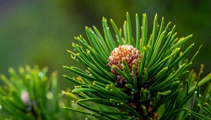 Close-up of a pine tree branch with a small cone.