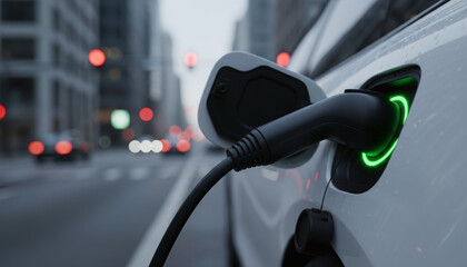Electric car charging cable plugged into vehicle with green light indicator